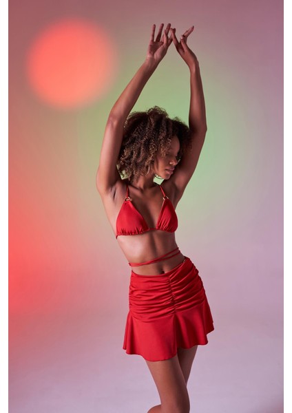 Yüksek Bel Büzgü Detaylı Delphi Mini Etek Kırmızı fiyatları