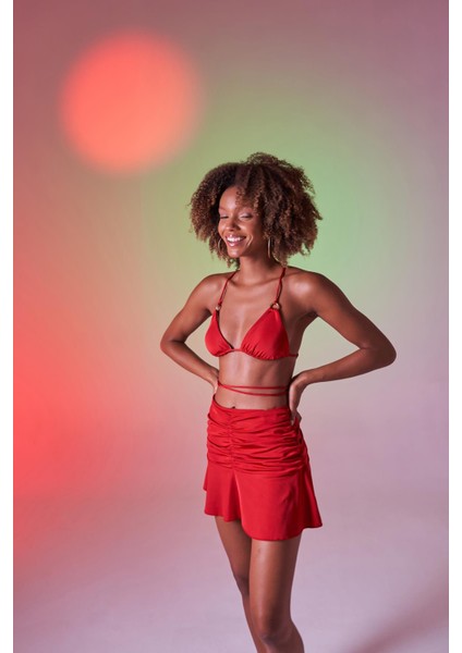 Yüksek Bel Büzgü Detaylı Delphi Mini Etek Kırmızı modelleri