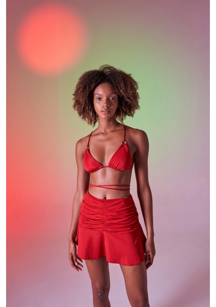 Yüksek Bel Büzgü Detaylı Delphi Mini Etek Kırmızı fırsatları