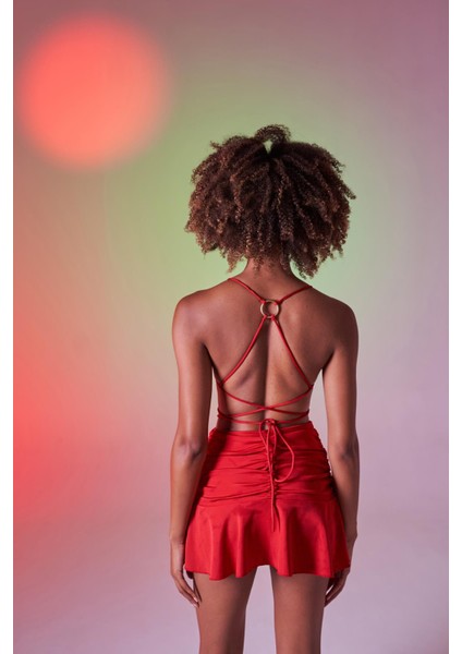 Yüksek Bel Büzgü Detaylı Delphi Mini Etek Kırmızı indirimleri