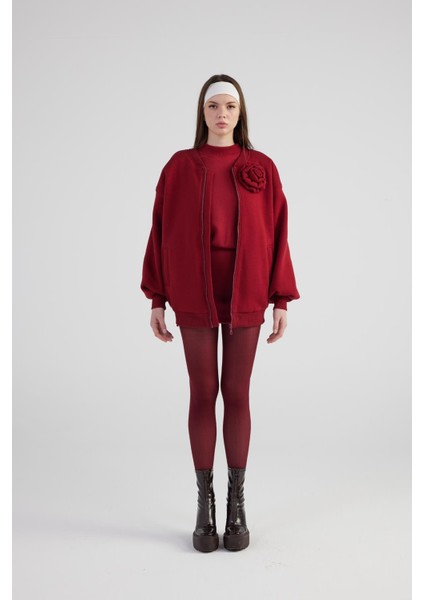 Oversize Çıkarılabilir Gül Detaylı Astarlı Alexa Bomber Ceket Bordo