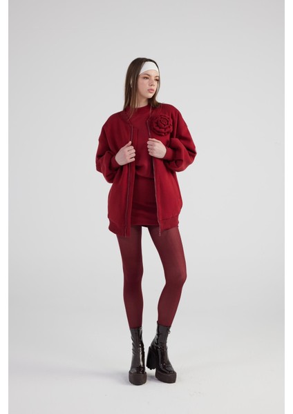Oversize Çıkarılabilir Gül Detaylı Astarlı Alexa Bomber Ceket Bordo