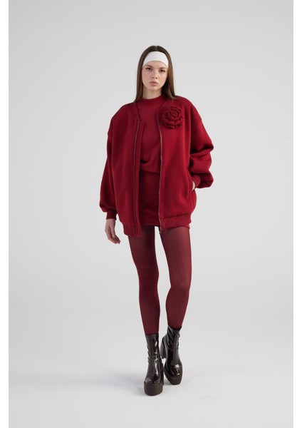 Oversize Çıkarılabilir Gül Detaylı Astarlı Alexa Bomber Ceket Bordo