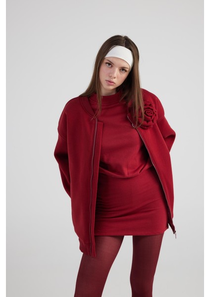 Oversize Çıkarılabilir Gül Detaylı Astarlı Alexa Bomber Ceket Bordo fırsatları