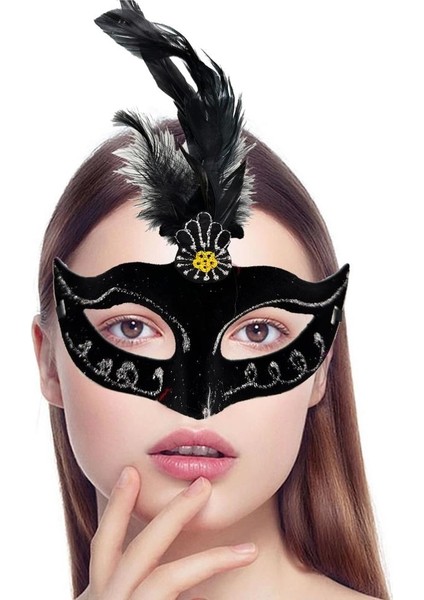 Çocuk Siyah Renk Tüylü Siyah Süet Kaplama Parti Balo Maskesi 20X16 cm