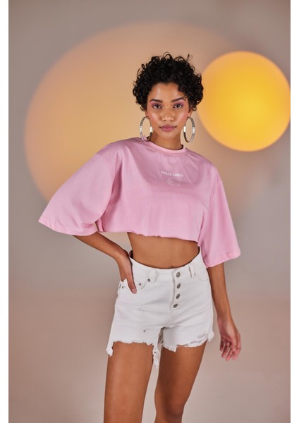 Bisiklet Yaka Holly Crop Tshirt Pembe