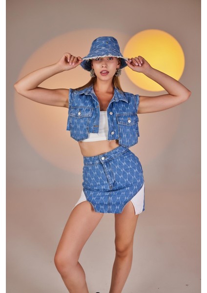 H Baskılı Cepli Mini Jean Yelek Mavi modelleri
