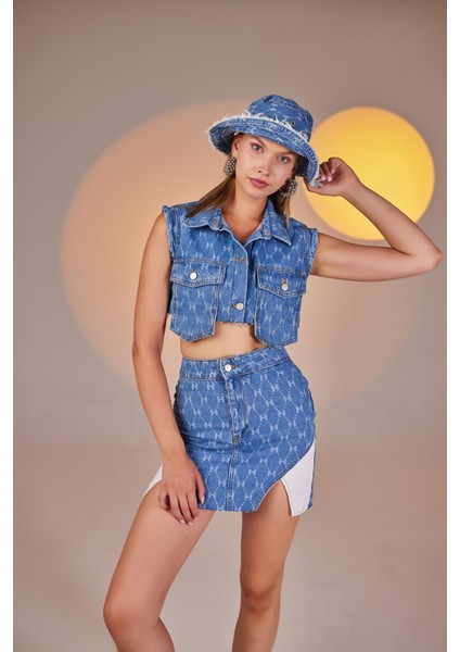 H Baskılı Cepli Mini Jean Yelek Mavi fırsatları