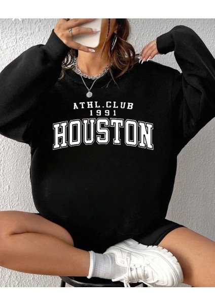 Houston Baskılı Bisiklet Yaka Ünisex Oversize Sweatshirt