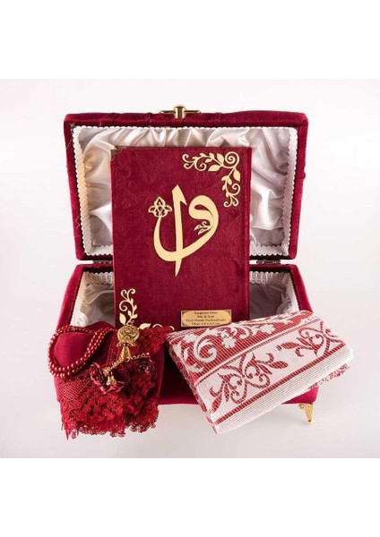 Çizgili Kutu Çeyizlik, Şal + Seccade + Tesbih + Kuran Hediye Seti (Hafız B. Kadife, Bordo, Elif-Vav) fiyatları