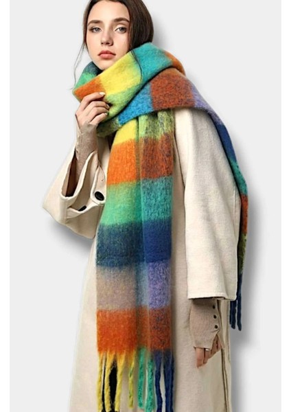 RBE Renkli Kareli Örgü Püskül Detay Yumuşacık Tüylü Atkı