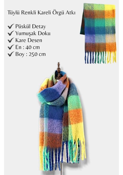 RBE Renkli Kareli Örgü Püskül Detay Yumuşacık Tüylü Atkı fiyatları