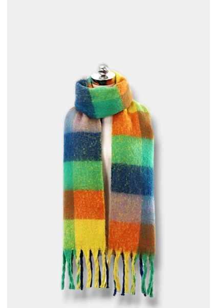 RBE Renkli Kareli Örgü Püskül Detay Yumuşacık Tüylü Atkı modelleri