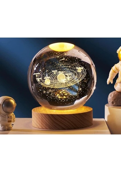 Dekoratif Gezegen Tasarımlı Ahşap Altlıklı Işıklı Cam Küre Cam:6cm Ahşap:2cm