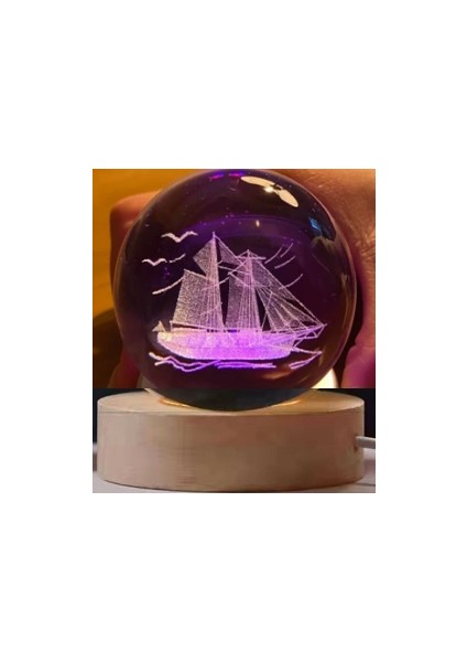 Dekoratif Gemi Tasarımlı Ahşap Altlıklı Işıklı Cam Küre Büyük Boy Cam:8cm Ahşap:2cm