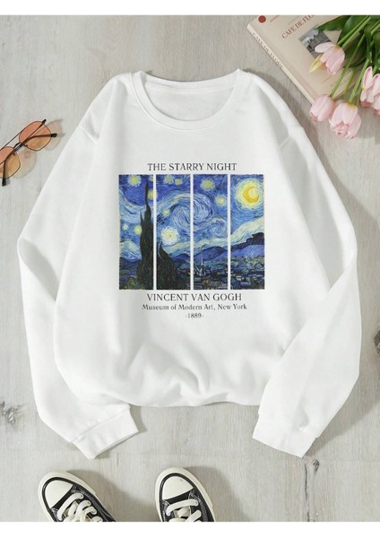 Unisex Yıldızlı Gece Baskılı Oversize Bisiklet Yaka Sweatshirt