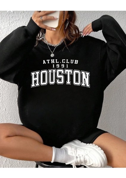 Houston Baskılı Bisiklet Yaka Ünisex Oversize Sweatshirt