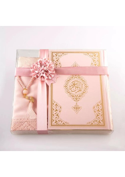 Şal + Seccade + Tesbih + Kuran Hediye Seti (Çanta Boy, Ekonomik Cilt, Pembe)