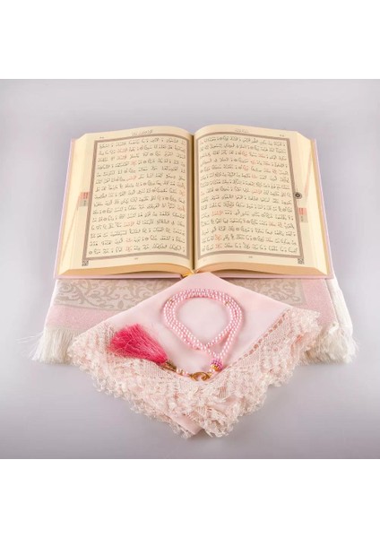 Şal + Seccade + Tesbih + Kuran Hediye Seti (Çanta Boy, Ekonomik Cilt, Pembe) modelleri