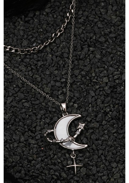 Kadın Çelik Ayyıldız Çiftli Kolye Gümüş Renk