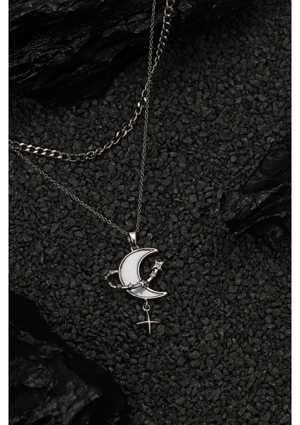 Kadın Çelik Ayyıldız Çiftli Kolye Gümüş Renk fiyatları