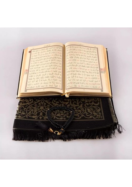 Kuran + Seccade + Tesbih Hediye Seti (Hafız Boy, Elifvav, Kadife, Desenli Kutu, Siyah) fiyatları