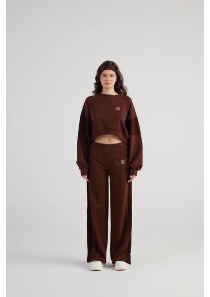 Paçası Yırtmaçlı Geniş Paça Şardonsuz Cali Eşofman Altı Kahve modelleri