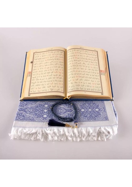 Kuran + Seccade + Tesbih Hediye Seti (Hafız Boy, Elifvav, Kadife, Desenli Kutu, Lacivert) fiyatları
