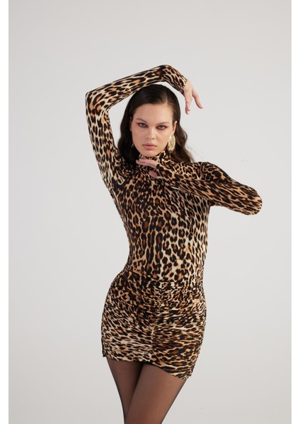 Leopar Desenli Balıkçı Yaka Mini Britney Elbise Kahve
