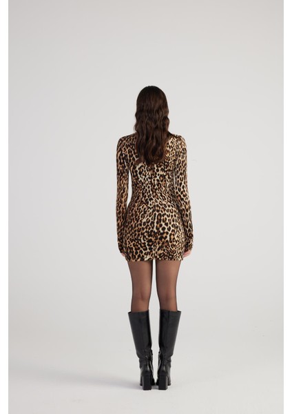Leopar Desenli Balıkçı Yaka Mini Britney Elbise Kahve