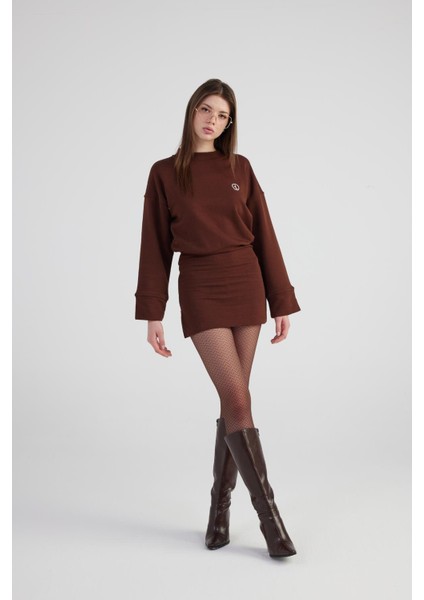 Yırtmaçlı Dokuma Kumaş Mini Claire Elbise Kahve