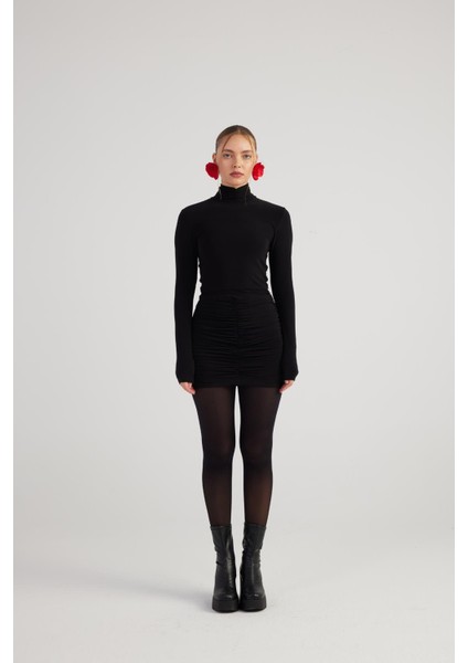 Balıkçı Yaka Büzgülü Mini Tami Elbise Siyah