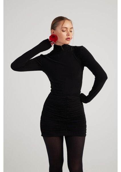 Balıkçı Yaka Büzgülü Mini Tami Elbise Siyah fiyatları