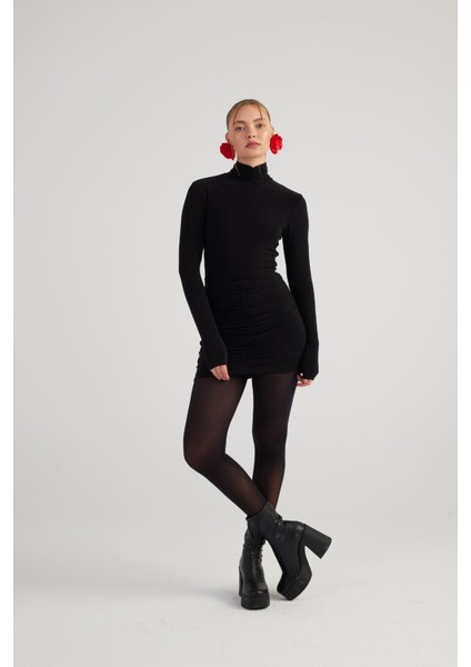 Balıkçı Yaka Büzgülü Mini Tami Elbise Siyah modelleri