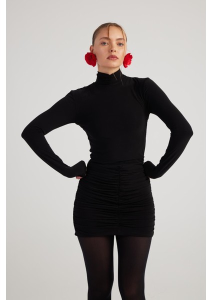 Balıkçı Yaka Büzgülü Mini Tami Elbise Siyah fırsatları