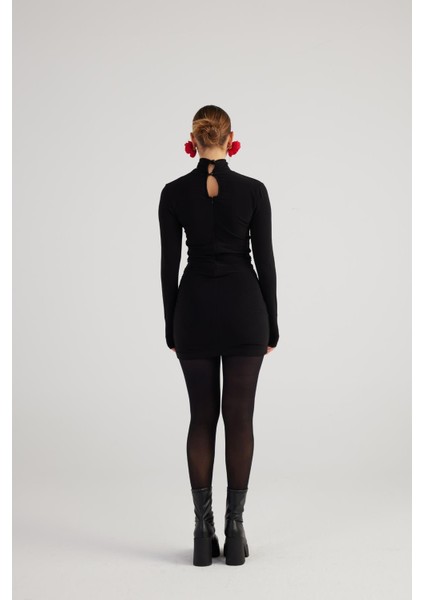 Balıkçı Yaka Büzgülü Mini Tami Elbise Siyah indirimleri