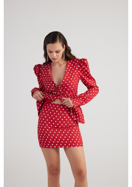 Puantiyeli Gül Aksesuarlı Karpuz Kol Blazer Wilma Ceket Kırmızı modelleri