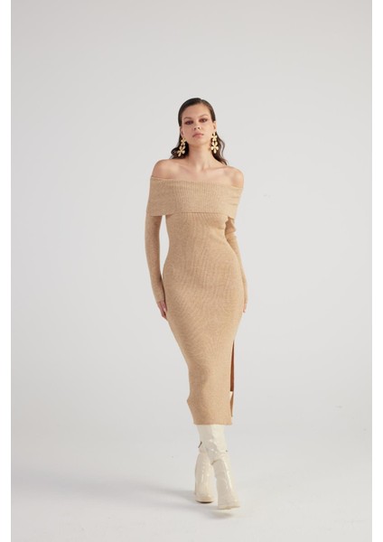 Madonna Yaka Özel Dokulu Tilda Triko Elbise Bej