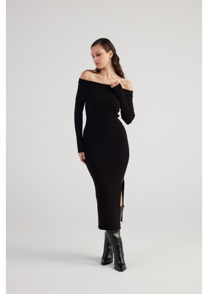 Madonna Yaka Özel Dokulu Tilda Triko Elbise Siyah