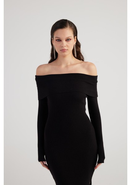 Madonna Yaka Özel Dokulu Tilda Triko Elbise Siyah fiyatları