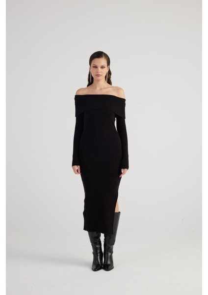Madonna Yaka Özel Dokulu Tilda Triko Elbise Siyah modelleri