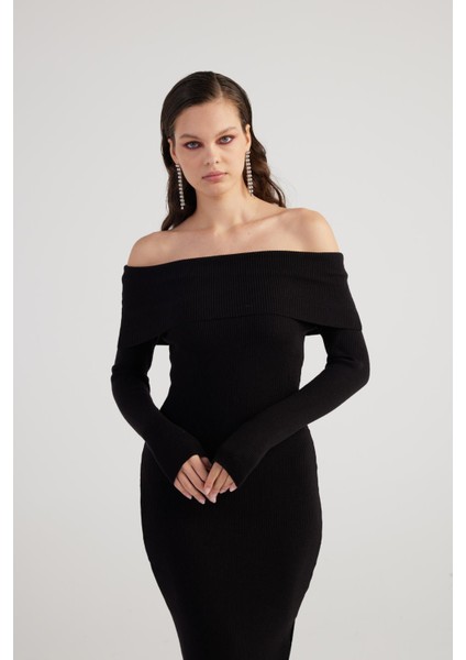 Madonna Yaka Özel Dokulu Tilda Triko Elbise Siyah fırsatları