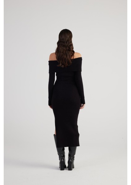 Madonna Yaka Özel Dokulu Tilda Triko Elbise Siyah indirimleri