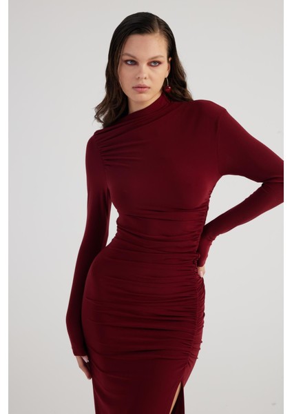 Drapeli Yırtmaçlı Uzun Yasmiin Elbise Bordo fiyatları
