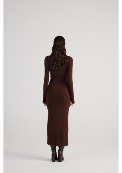 Drapeli Yırtmaçlı Uzun Yasmiin Elbise Kahve indirimleri