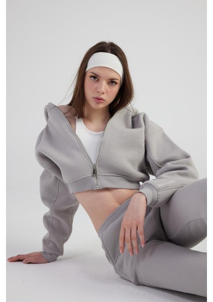 Kadın Gri Kapüşonlu Uzun Kol Fermuarlı Crop Mixed Sweat modelleri