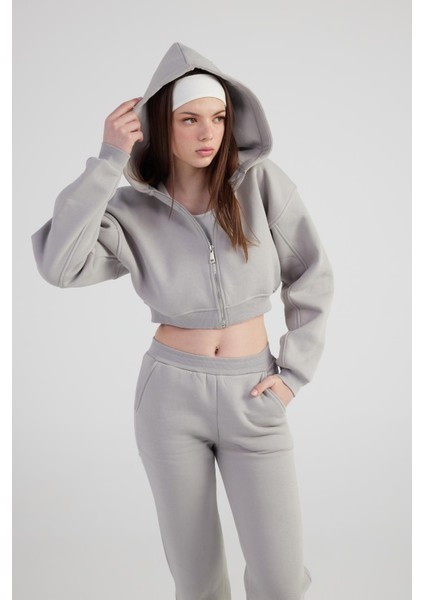 Kadın Gri Kapüşonlu Uzun Kol Fermuarlı Crop Mixed Sweat fırsatları