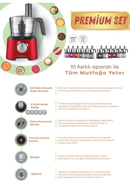 10 Farklı Aparatlı Mutfak Gıda Hazırlama Seti Mutfak Robotu, 2000W Ultra Güç Ile Tüm Mutfağa Yeter! , Onerous Mutfak Tartısı Hediye