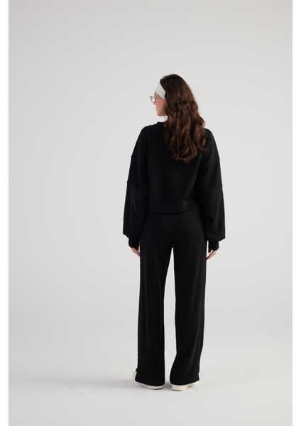 Bisiklet Yaka Şardonsuz Crop Cali Sweatshirt Siyah indirimleri