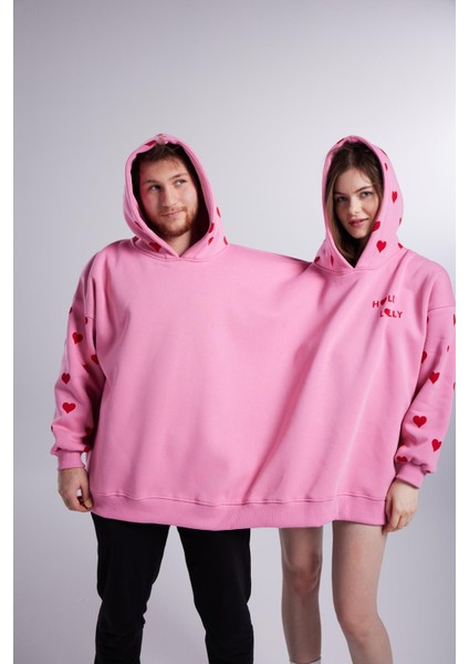 Kalp Baskılı Çift Giyilir Lovebombing sweatshirt Pembe